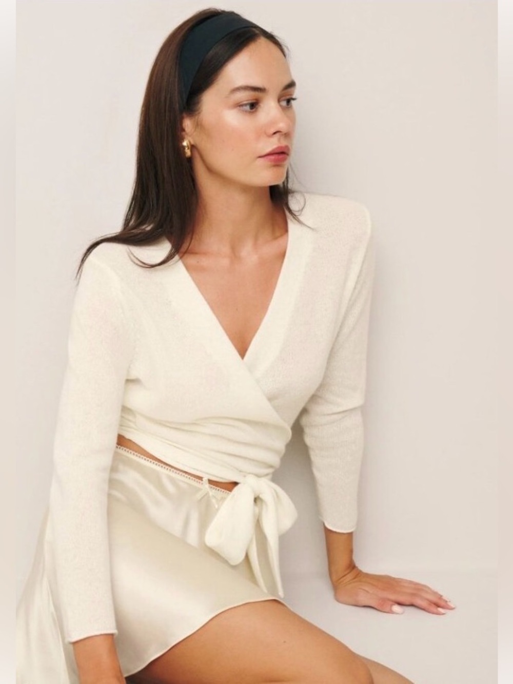 REFORMATION 100% Cashmere Wrap-Tie Cropped Sweater Gossamer Beige S MSRP $198